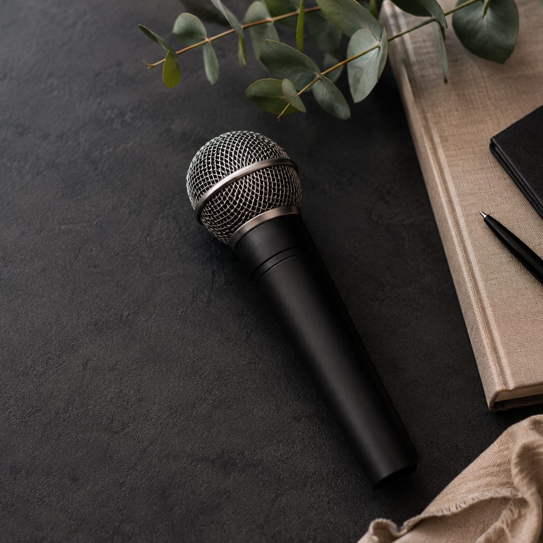 A microphone and notebook laid out before a live storytelling session