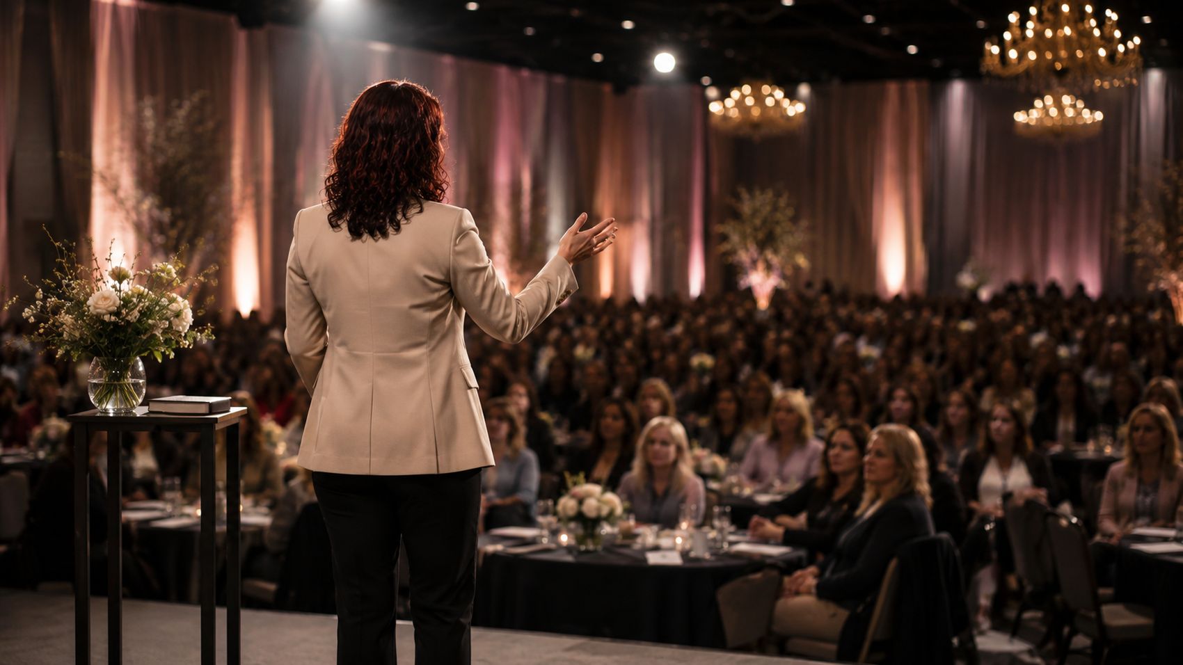 Angela Goodman speaking to a full ballroom